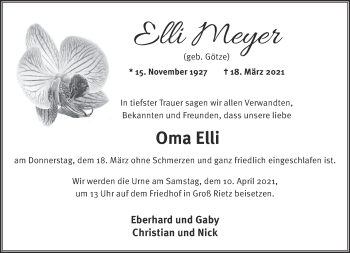 Traueranzeige von Elli Meyer von Märkische Oderzeitung