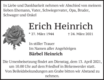 Traueranzeige von Erich Heinrich von Märkische Oderzeitung