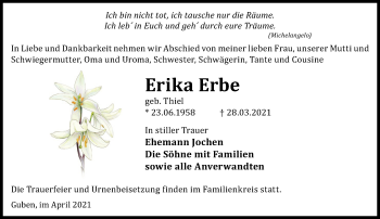 Traueranzeige von Erika Erbe von Märkische Oderzeitung