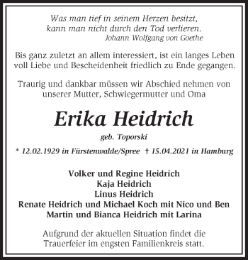 Traueranzeige von Erika Heidrich von Märkische Oderzeitung