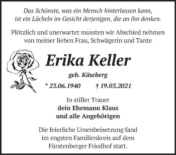 Traueranzeige von Erika Keller von Märkische Oderzeitung