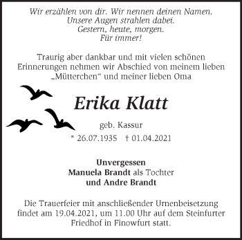 Traueranzeige von Erika Klatt von Märkische Oderzeitung