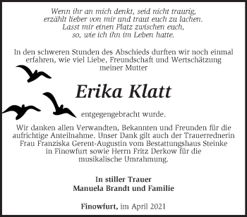 Traueranzeige von Erika Klatt von Märkische Oderzeitung