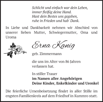 Traueranzeige von Erna Kanig von Märkische Oderzeitung