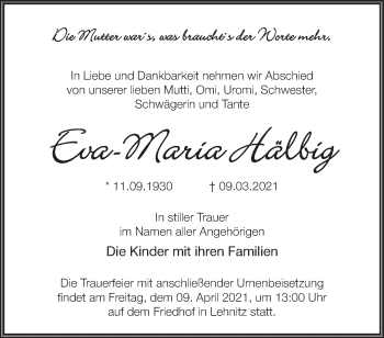 Traueranzeige von Eva-Maria Hälbig von Märkische Oderzeitung