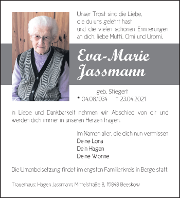 Traueranzeige von Eva-Marie Jassmann von Märkische Oderzeitung