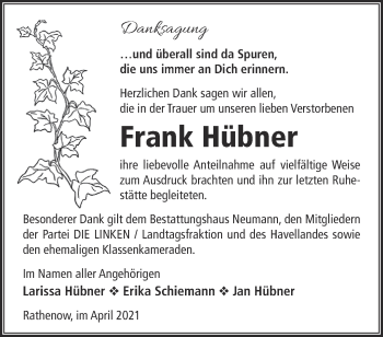 Traueranzeige von Frank Hübner von Märkische Oderzeitung