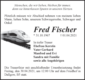 Traueranzeige von Fred Fischer von Märkische Oderzeitung