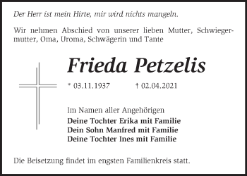 Traueranzeige von Frieda Petzelis von Märkische Oderzeitung