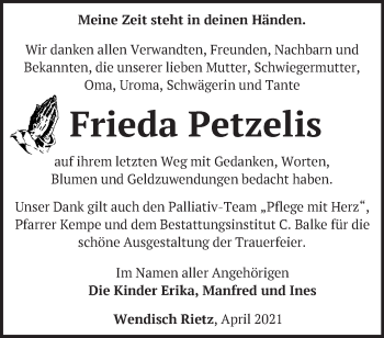 Traueranzeige von Frieda Petzelis von Märkische Oderzeitung