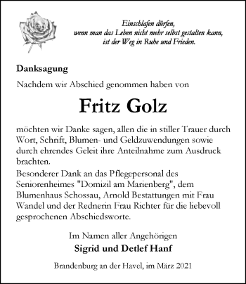 Traueranzeige von Fritz Golz von Märkische Oderzeitung