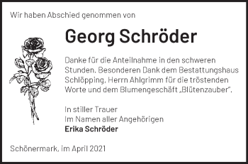 Traueranzeige von Georg Schröder von Märkische Oderzeitung