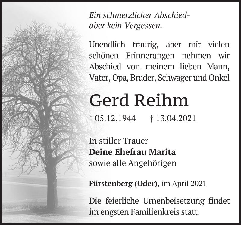  Traueranzeige für Gerd Reihm vom 25.04.2021 aus Märkische Oderzeitung