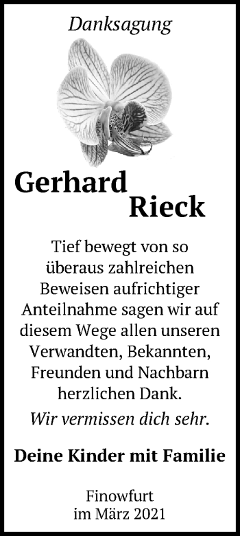 Traueranzeige von Gerhard Rieck von Märkische Oderzeitung