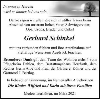 Traueranzeige von Gerhard Schinkel von Märkische Oderzeitung