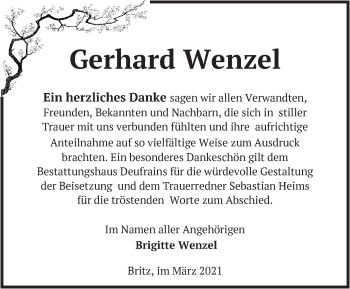 Traueranzeige von Gerhard Wenzel von Märkische Oderzeitung