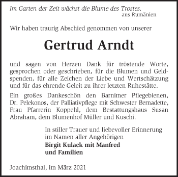 Traueranzeige von Gertrud Arndt von Märkische Oderzeitung