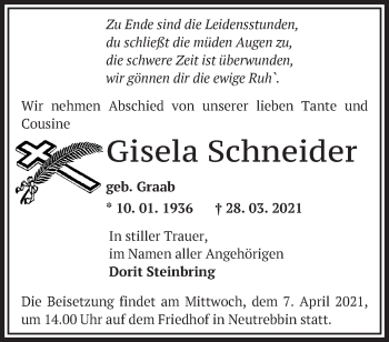 Traueranzeige von Gisela Schneider von Märkische Oderzeitung