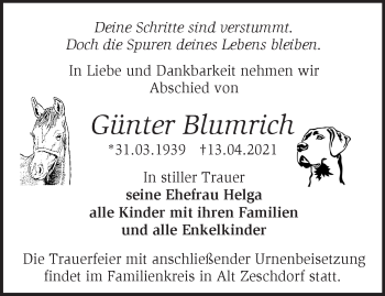 Traueranzeige von Günter Blumrich von Märkische Oderzeitung