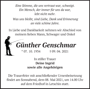 Traueranzeige von Günther Genschmar von Märkische Oderzeitung