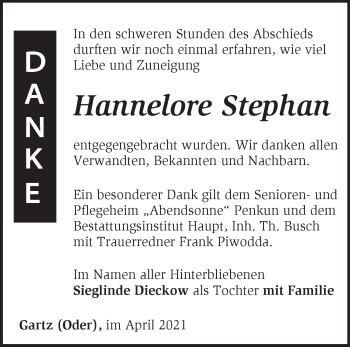 Traueranzeige von Hannelore Stephan von Märkische Oderzeitung