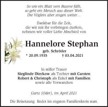 Traueranzeige von Hannelore Stephan von Märkische Oderzeitung