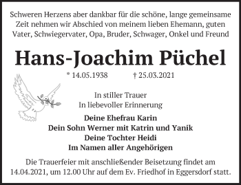 Traueranzeige von Hans-Joachim Püchel von Märkische Oderzeitung