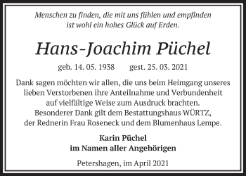 Traueranzeige von Hans-Joachim Püchel von Märkische Oderzeitung