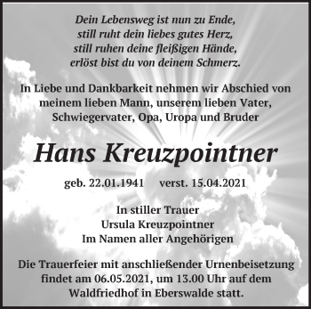 Traueranzeige von Hans Kreuzpointner von Märkische Oderzeitung