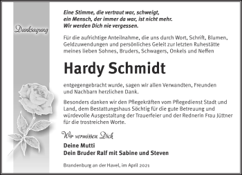 Traueranzeige von Hardy Schmidt von Märkische Oderzeitung