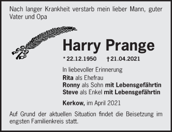 Traueranzeige von Harry Prange von Märkische Oderzeitung