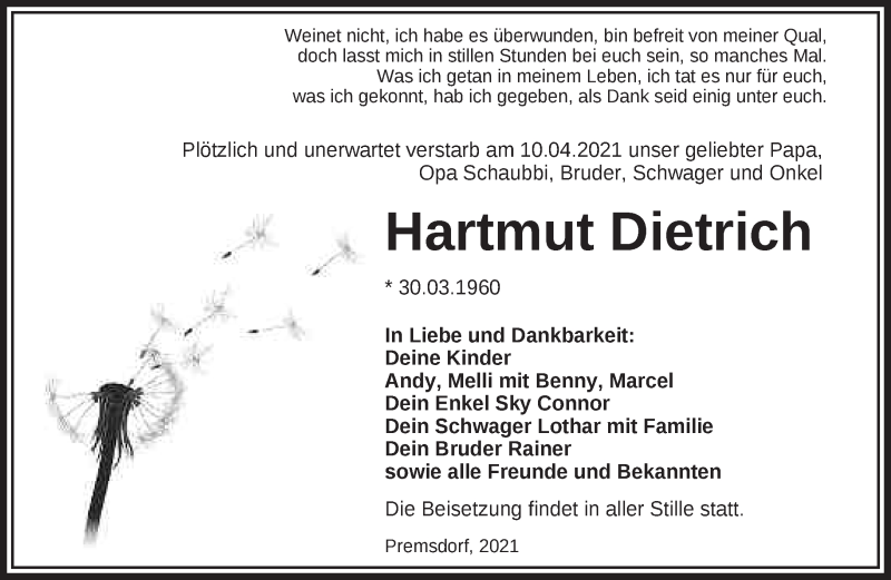  Traueranzeige für Hartmut Dietrich vom 17.04.2021 aus Märkische Oderzeitung