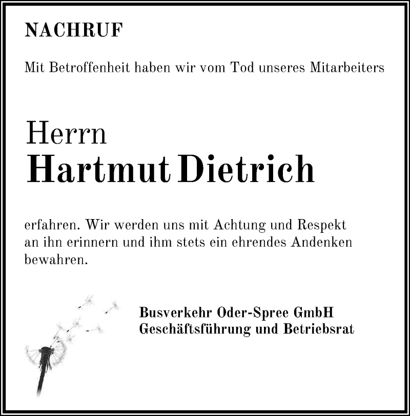  Traueranzeige für Hartmut Dietrich vom 20.04.2021 aus Märkische Oderzeitung