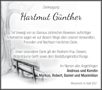 Traueranzeige von Hartmut Günther von Märkische Oderzeitung