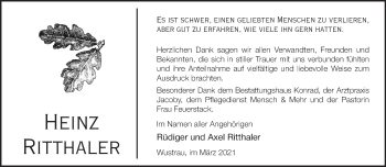 Traueranzeige von Heinz Ritthaler von Märkische Oderzeitung