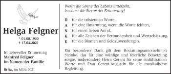 Traueranzeige von Helga Felgner von Märkische Oderzeitung