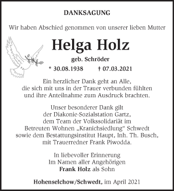 Traueranzeige von Helga Holz von Märkische Oderzeitung