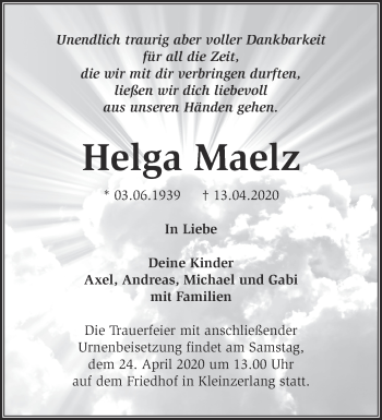 Traueranzeige von Helga Maelz von Märkische Oderzeitung