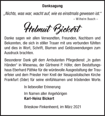 Traueranzeige von Helmut Bickert von Märkische Oderzeitung