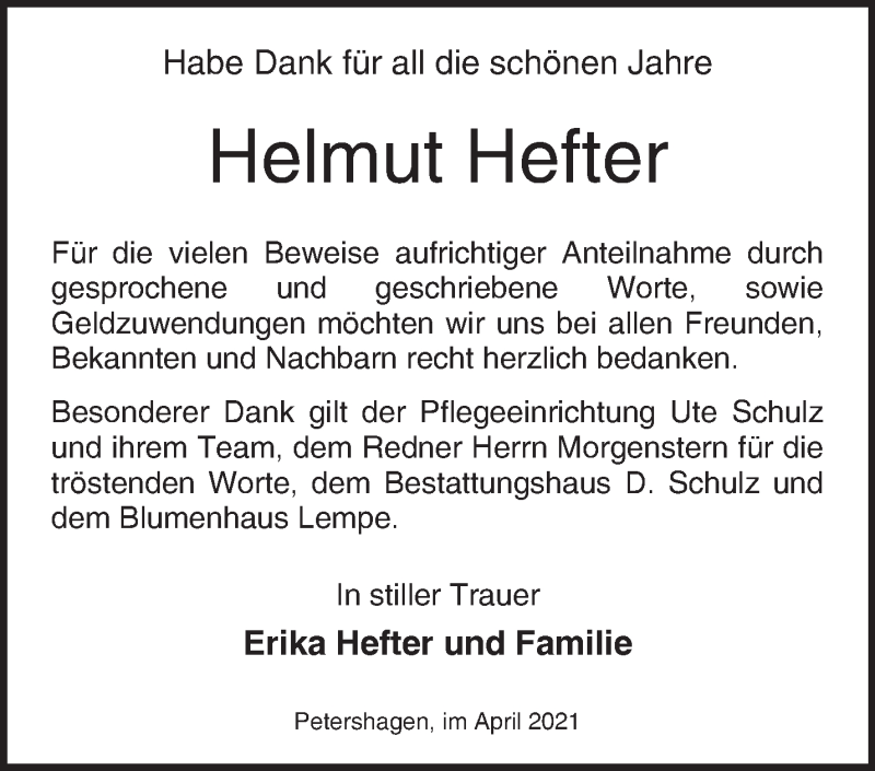  Traueranzeige für Helmut Hefter vom 11.04.2021 aus Märkische Oderzeitung