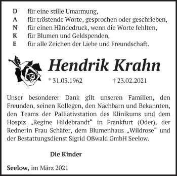 Traueranzeige von Hendrik Krahn von Märkische Oderzeitung
