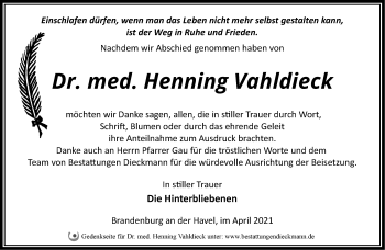 Traueranzeige von Henning Vahldieck von Märkische Oderzeitung