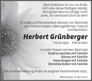 Traueranzeige von Herbert Grünberger von Märkische Oderzeitung