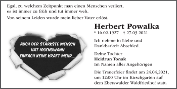 Traueranzeige von Herbert Powalka von Märkische Oderzeitung