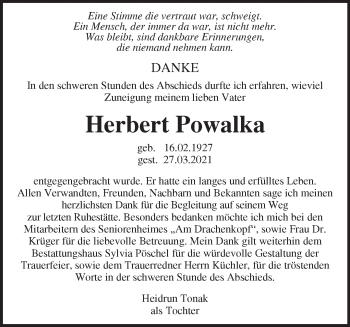 Traueranzeige von Herbert Powalka von Märkische Oderzeitung