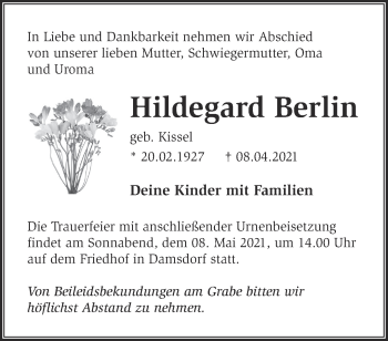 Traueranzeige von Hildegard Berlin von Märkische Oderzeitung