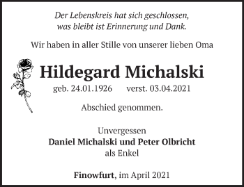 Traueranzeige von Hildegard Michalski von Märkische Oderzeitung