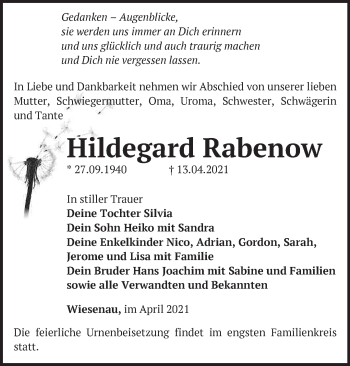 Traueranzeige von Hildegard Rabenow von Märkische Oderzeitung