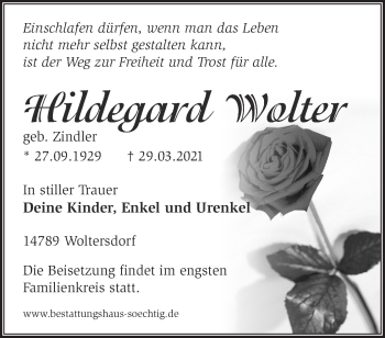 Traueranzeige von Hildegard Wolter von Märkische Oderzeitung