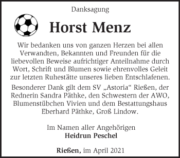 Traueranzeige von Horst Menz von Märkische Oderzeitung